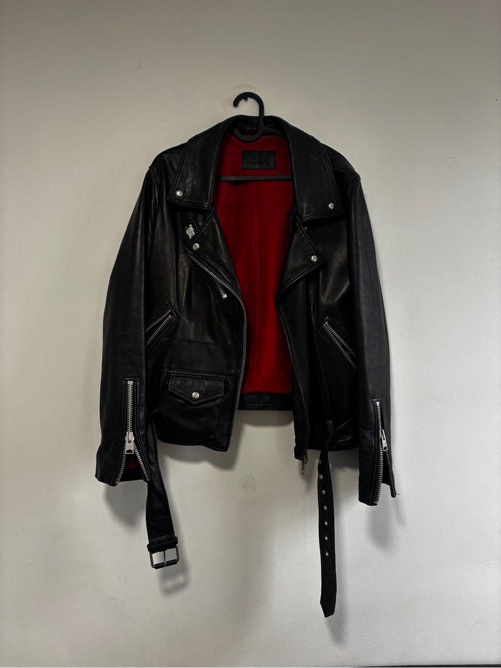 AllSaints Black Leather Biker Jacket with Red Lining